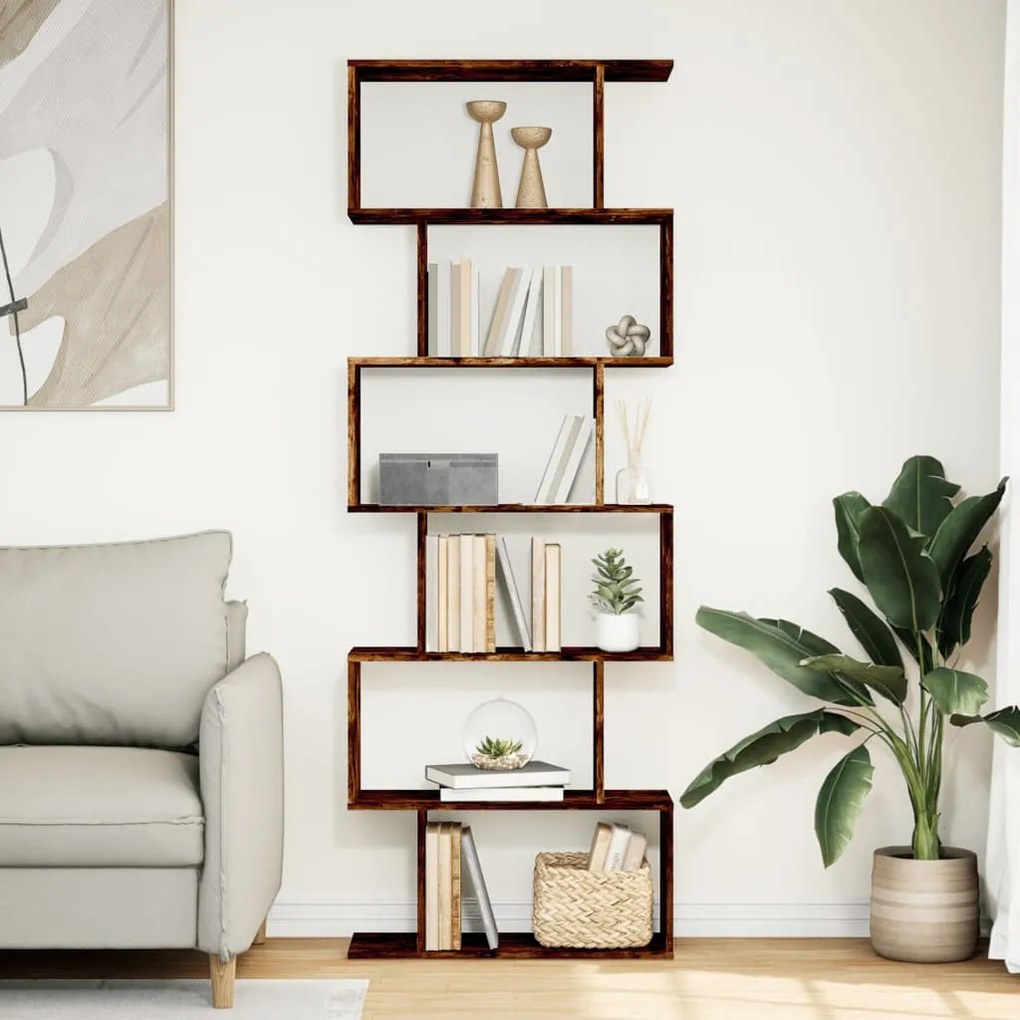 6 szintes füstös tölgy fa elválasztó könyvespolc 70x24x193 cm