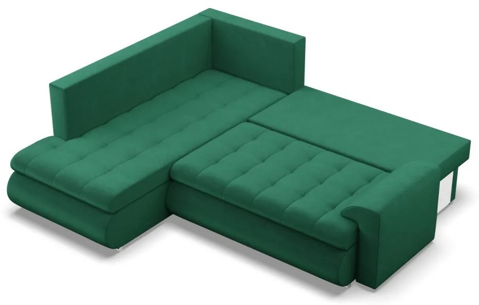 Tokio sarokkanapé, L alakú háttámlával, 2 ágyneműtartóval, bársony, baloldali, zöld