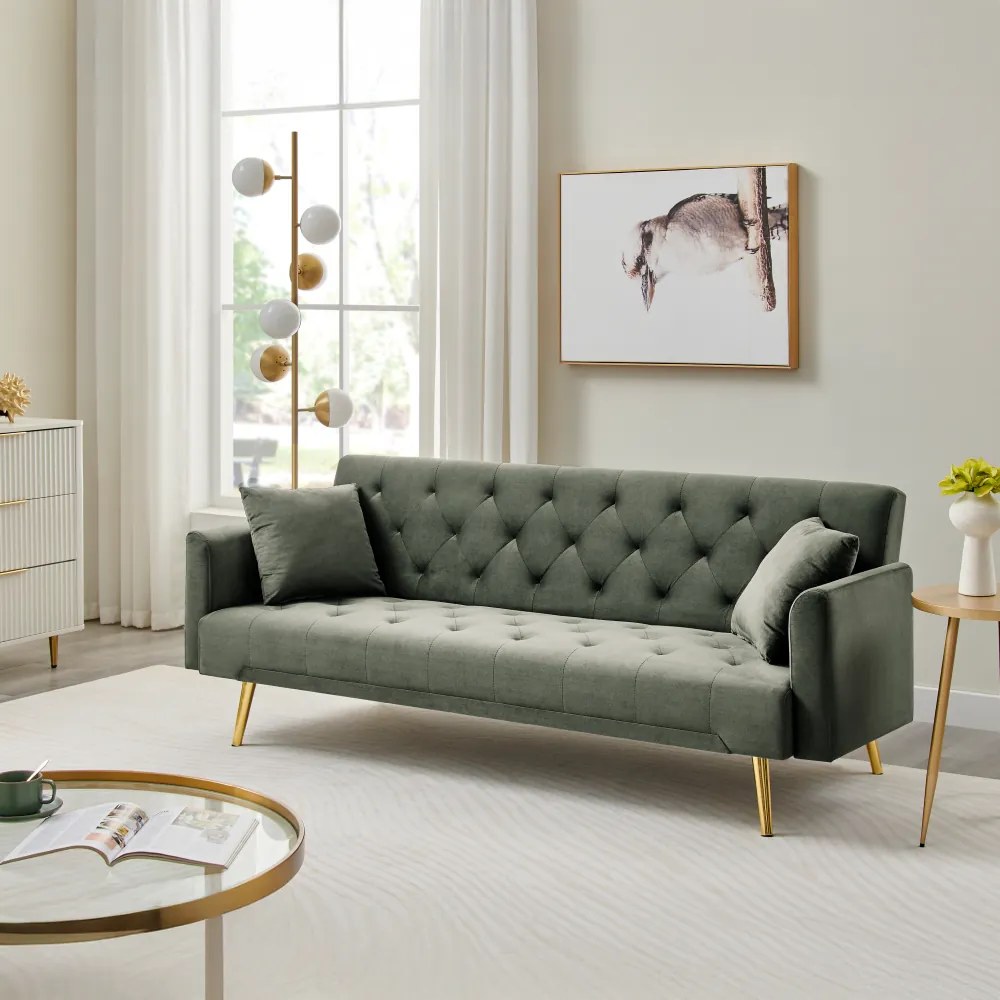 Kihúzható kanapé, sötétzöld/gold króm-arany, ALISIA