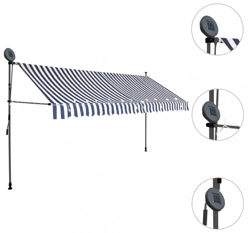 kék és fehér kézzel kihúzható LED-es napellenző 350 cm