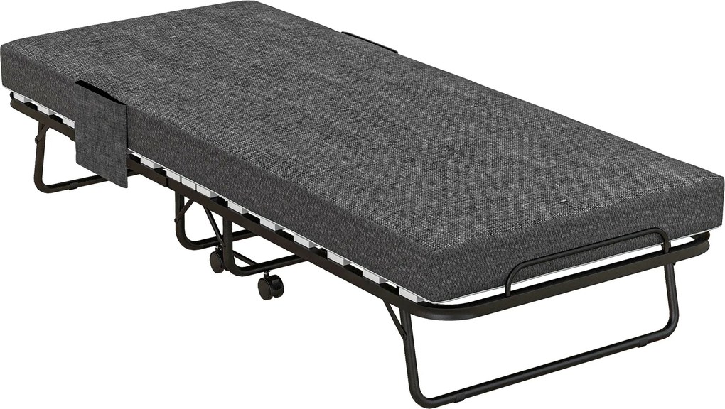 HOMCOM Összecsukható Vendégágy Kerekekkel, 10 cm Matrac, Takaró, Utazó Ágy Oldalsó Zsebbel Sötét Szürke 190 x 80 x 42 cm | Aosom