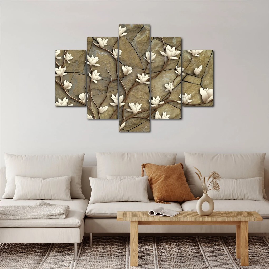Kép - Fehér magnóliák kőfalazaton (150x105 cm)