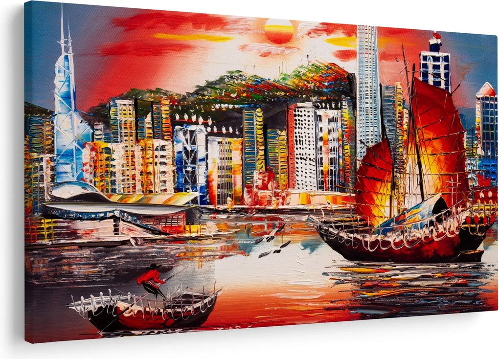 Kép - Victoria Harbour, Hong Kong, olajfestmény (90x60 cm)