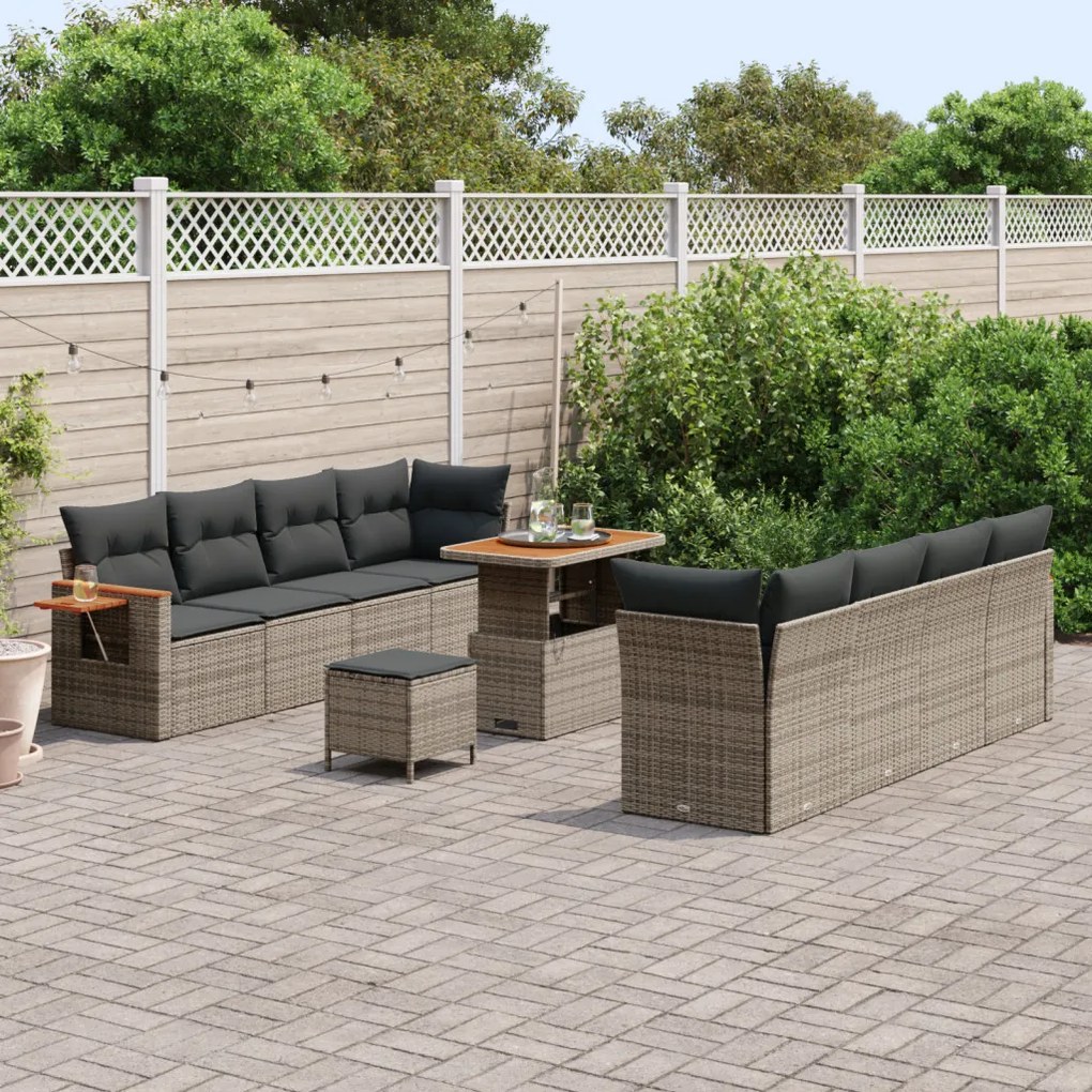 11 Részes Kert Kanapé Szett Párnákkal Szürke Poly Rattan Akácia, 3 Részes Kert Étkező Szett Párnákkal Szürke Poly Rattan Akácia