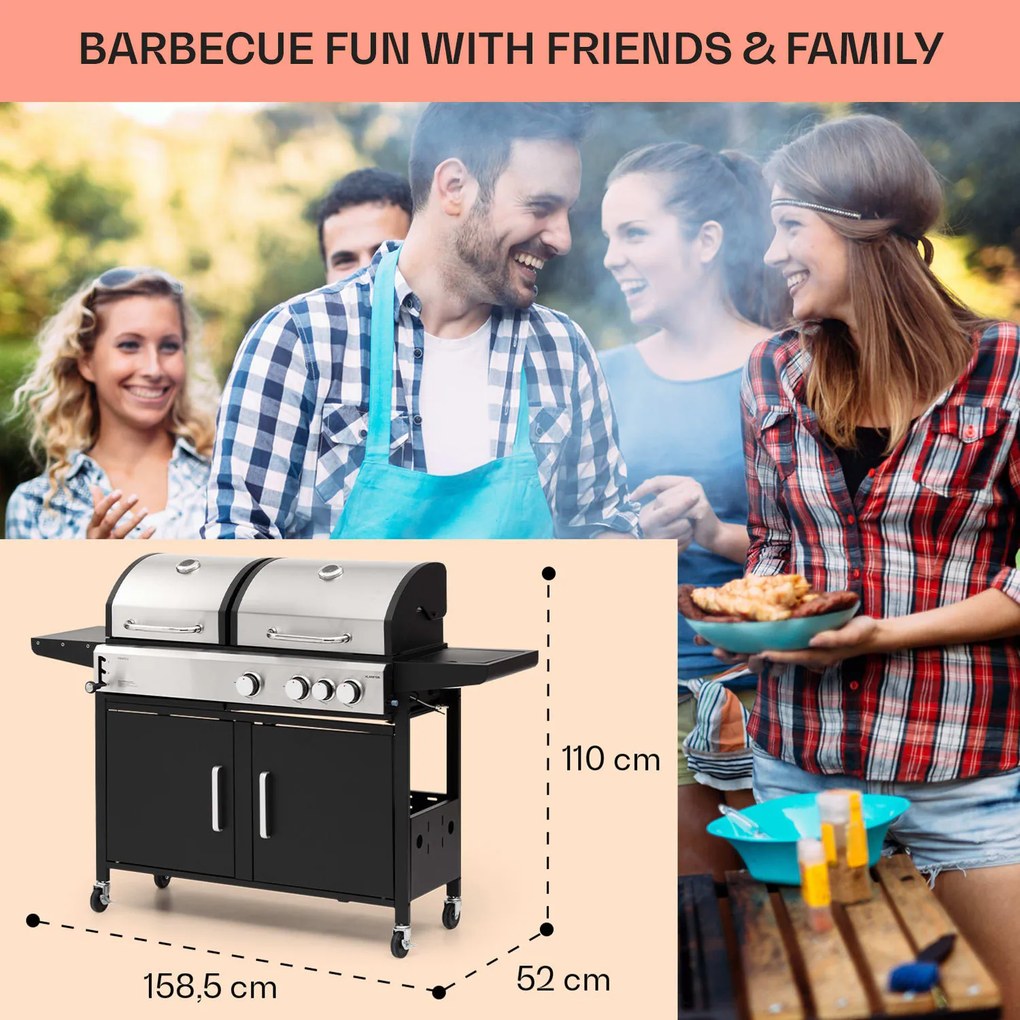Kingsville 3.1, gáz + faszén kombinált grill, 10,9 kW, 3+1 égő, állítható magasság