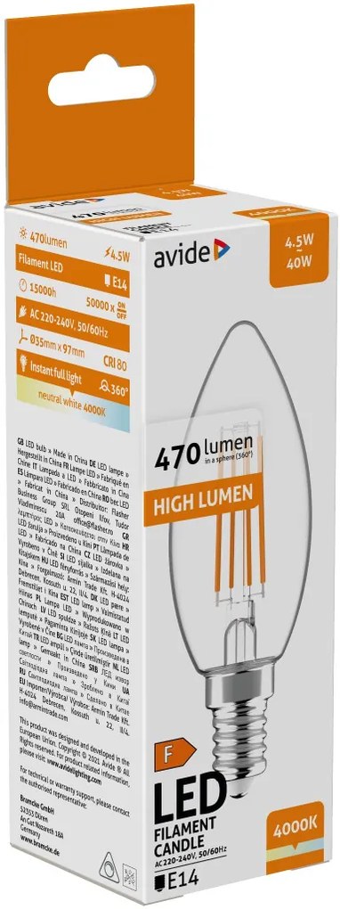 Avide LED Filament Candle 4.5W 470LM E14 NW 4000K