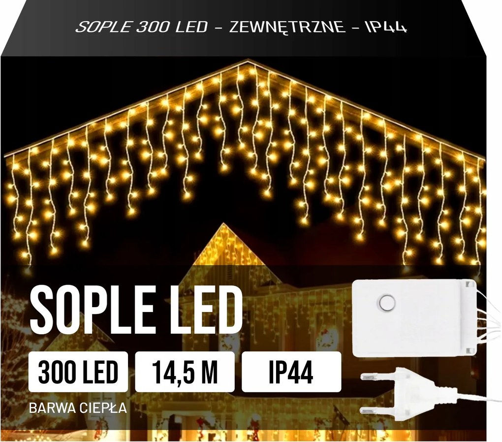 Jégcsap Fényfüzér, Fehér, Karácsonyi, Kültéri, Meleg Fényű, 300 Led