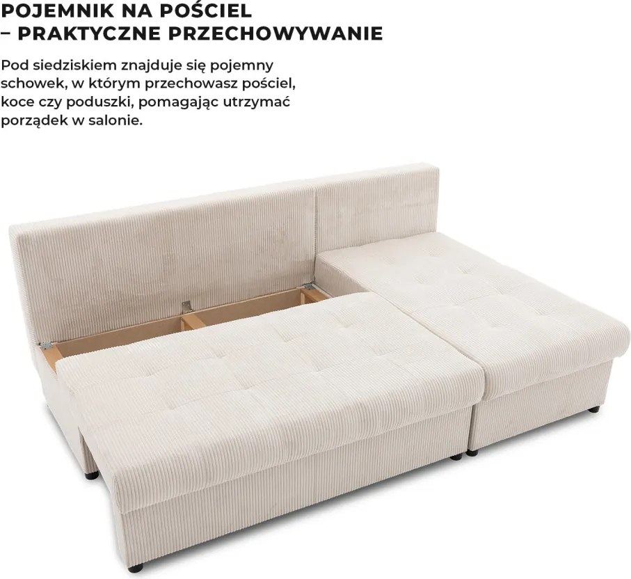 Venezia sarokkanapé, kordbársony, univerzális oldal, bonell töltet, bézs