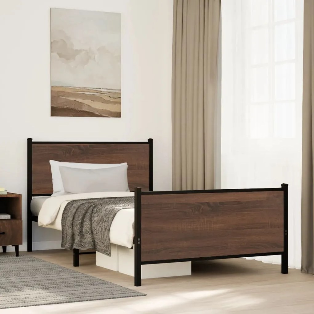 barna tölgy színű fém ágykeret matrac nélkül 100 x 200 cm