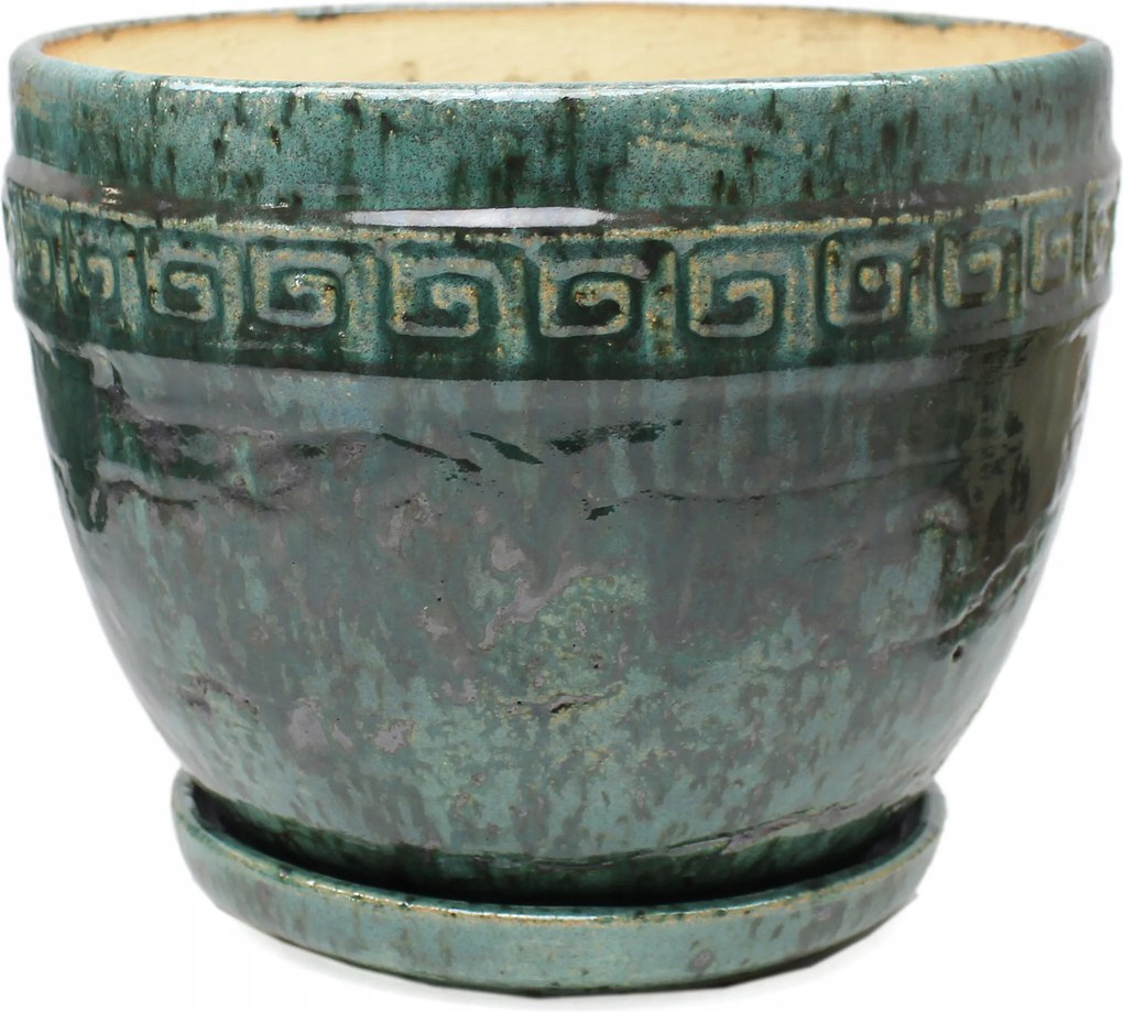 Virágtartó fedél Ø-24,5 cm, talpa görög mintás türkiz-zöld