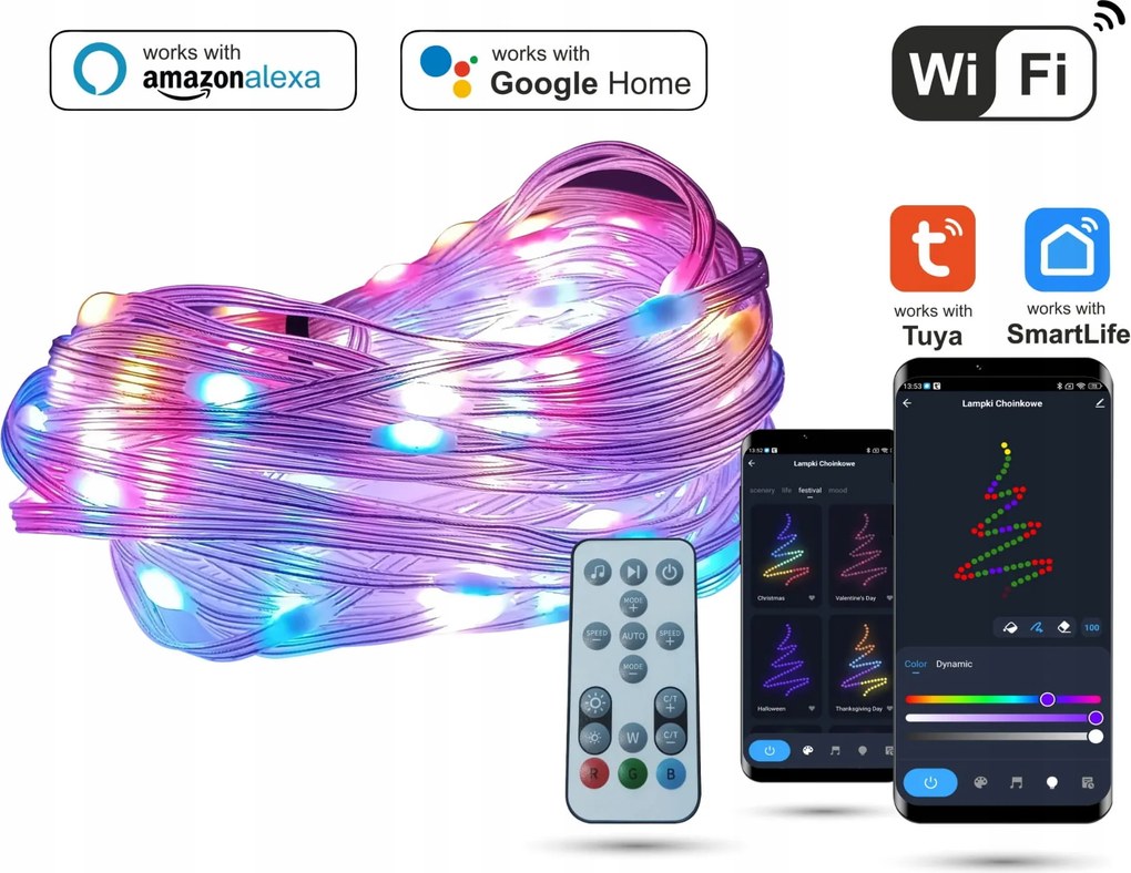 WiFi LED-es karácsonyfa fényfüzér 10m Tuya Music