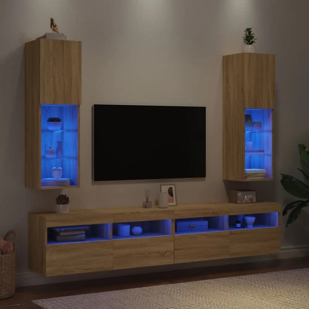 2 db sonoma tölgy színű TV-szekrény LED-ekkel 30,5x30x102 cm