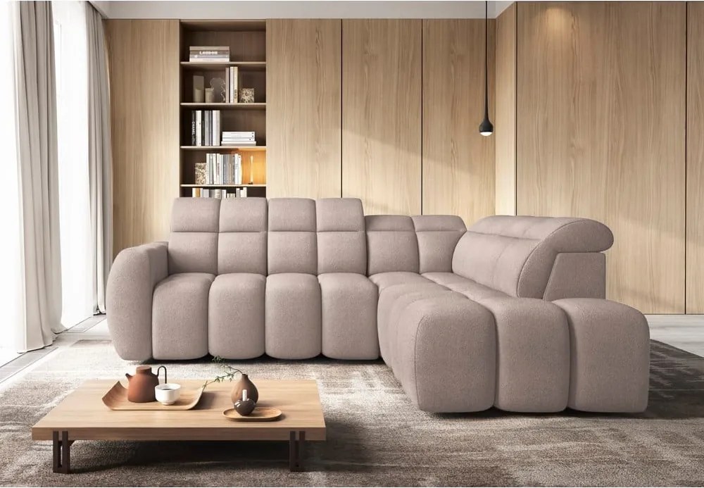 Világosbarna buklé kinyitható-tárolóhelyes sarokkanapé (jobb oldali-L alakú) Falconn – ELTAP