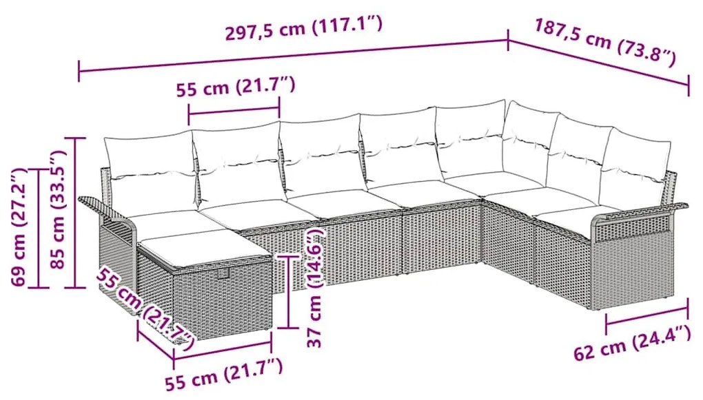 Kerti Kanapé Szett párnával 8 pcs Szürke 297.5 x 187.5 x 85 cm