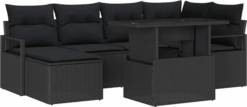 vidaXL Kerti Kanapé Szett tárolóval 7 pcs Fekete Poli rattan