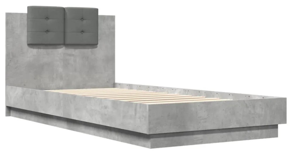betonszürke ágykeret fejtámlával és LED-világítással 100x200 cm