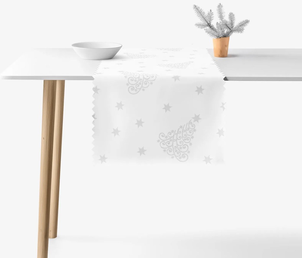 Goldea karácsonyi teflonbevonatú asztali futó - ezüstszínű karácsonyfák és csillagok 20x120 cm