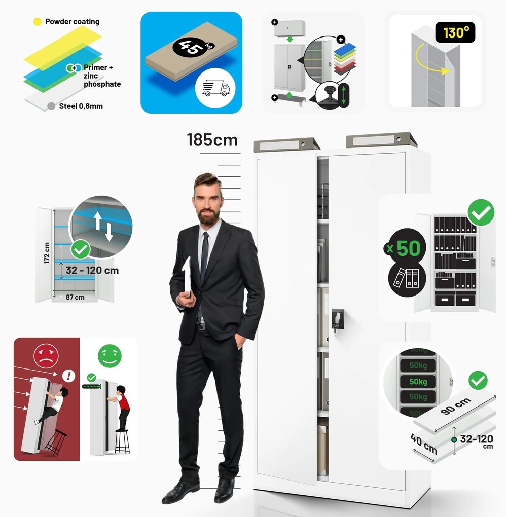 Fém iratszekrény JAN, 900 x 1850 x 400 mm, fehér