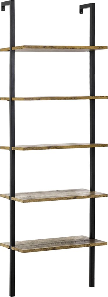 HOMCOM 5 Polcos Iparági Stílusú Fali Könyvespolc, Fali Fa és Fém Könyvszekrény, 60x30x184.5cm, Barna | Aosom