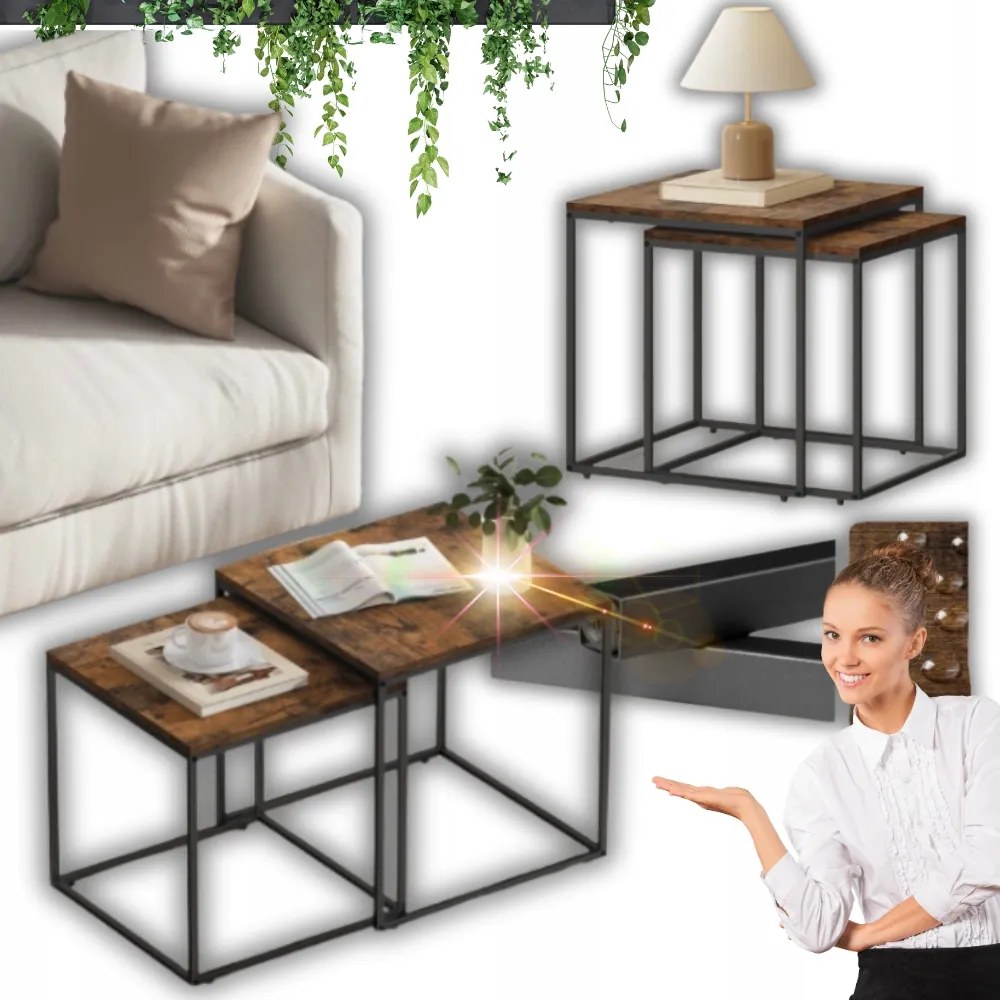 Közép Asztalok Közép Asztal Négyzet Alakú Közép Asztal Szett Loft Stílusú 2DB!