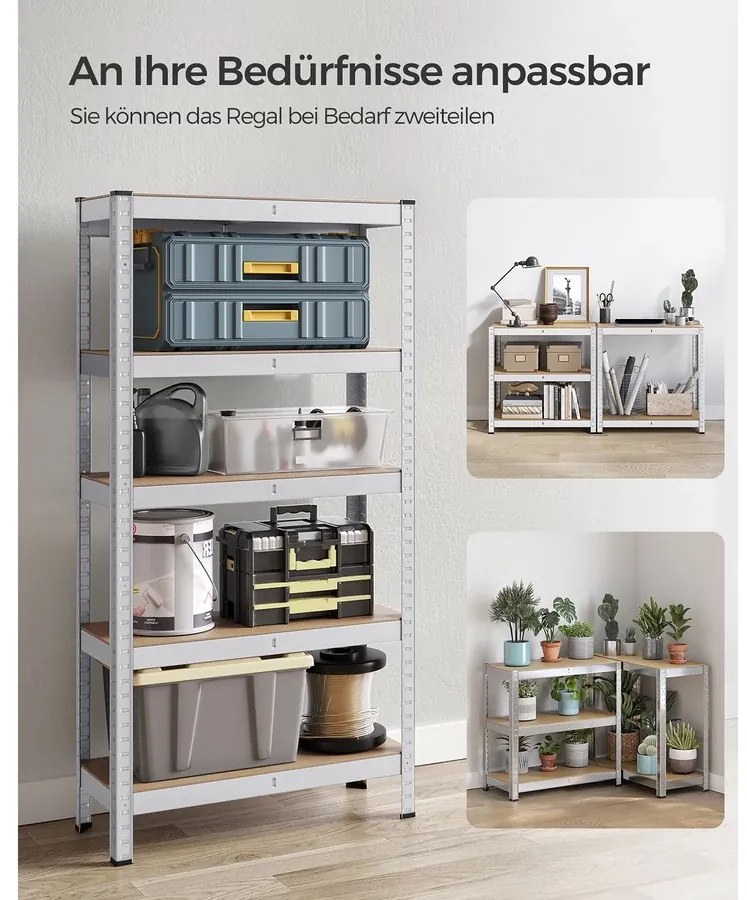 5 szintes polcrendszer, acél polcrendszer tároláshoz, csavarmentes összeszerelés, teherbírás 650 kg, 30 x 75 x 150 cm, ezüst