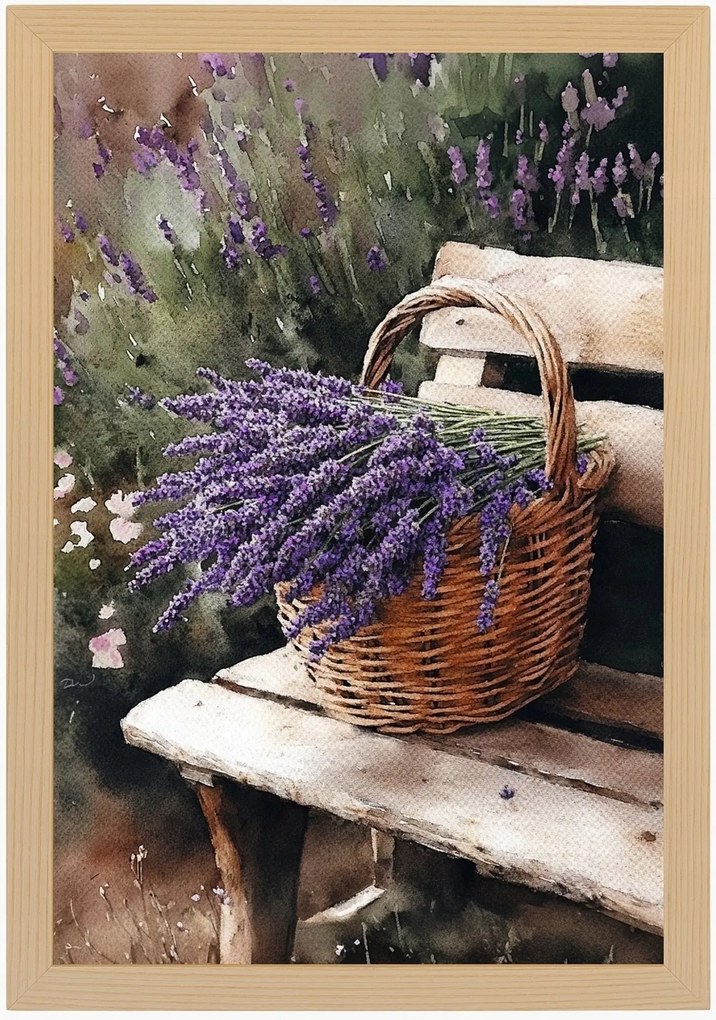 Poszter Keret Fa Kert Pad Nyár Kosár Virágok Levendula Csokor 40x60