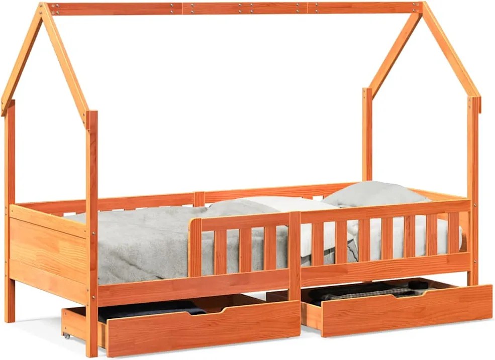 vidaXL tömör fenyőfa gyerekágykeret fiókokkal 90 x 200 cm