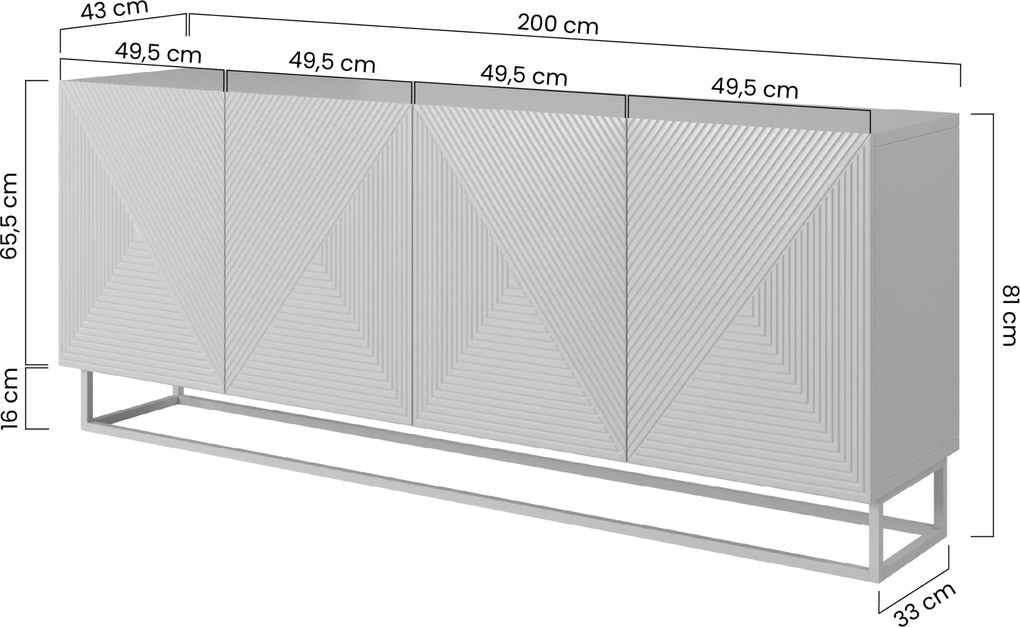 Asha komód 200 cm négyajtós - artisan / rivier stone matt / fekete vázzal
