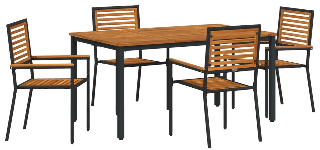5 Darabos Kerti Étkező Szett Fekete Poli Rattan Akáciából, Egymásra Rakható Kerti Székek párnahéj 2 db Fekete Poli Rattan, Kerti Asztal 150x90x75 cm Szilárd Akácia Fa és Fém