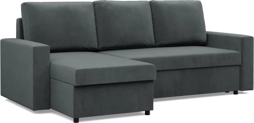 Zeus sarokkanapé, 1 ágyneműtartóval, egyenes kartámasz, bársony, univerzális oldal, hab töltet, szürke