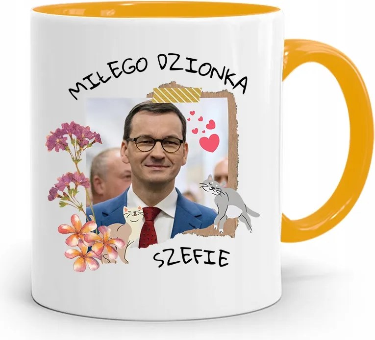 Sárga Politikus Bögre Mateusz Morawiecki Miniszterelnök fényképes nyomtatással