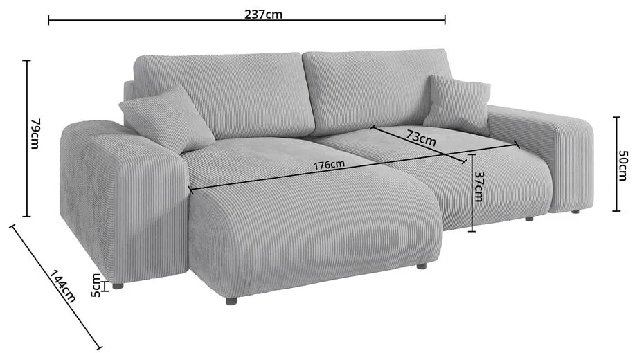 Világosszürke kordbársony sarokkanapé (variálható) Justin – Ropez