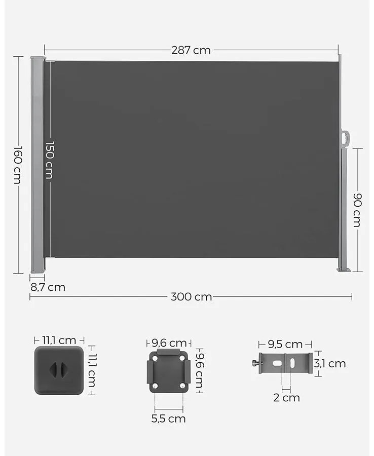 Oldalsó napellenző erkélyre és teraszra 300 x 160, cm, füstszürke