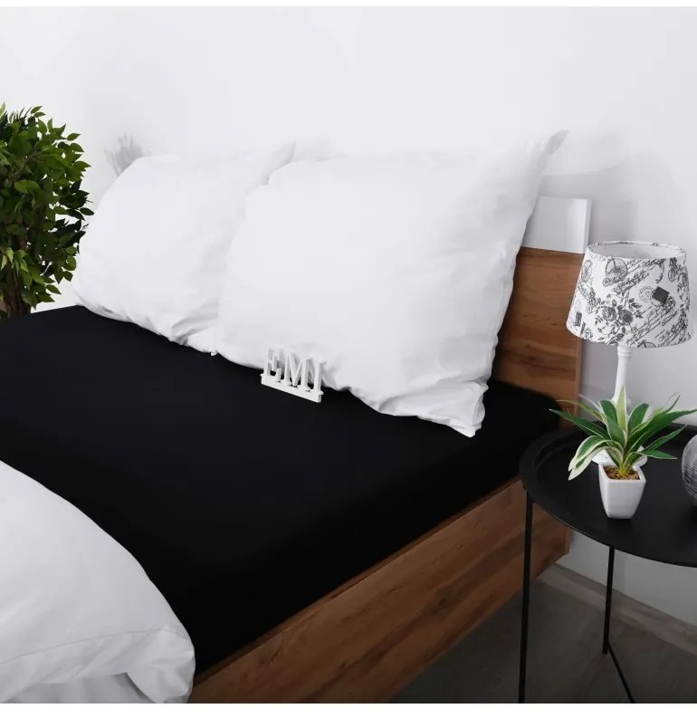 EMI fekete 100% pamutjersey gumis lepedő, 180x220-as lap