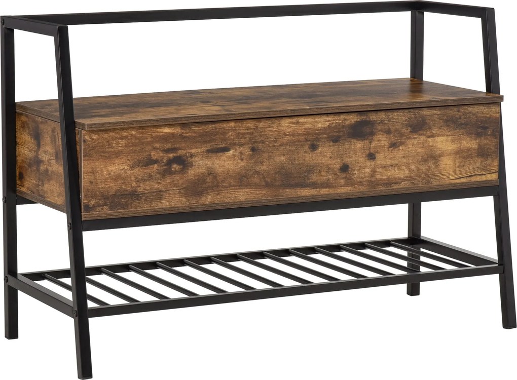HOMCOM Ipari Stílusú Cipőtároló Pad Tárolórekesszel, Vintage Térmegtakarító Cipőpad Fa és Fém Anyagból, Rusztikus Barna, 90x37x60cm | Aosom