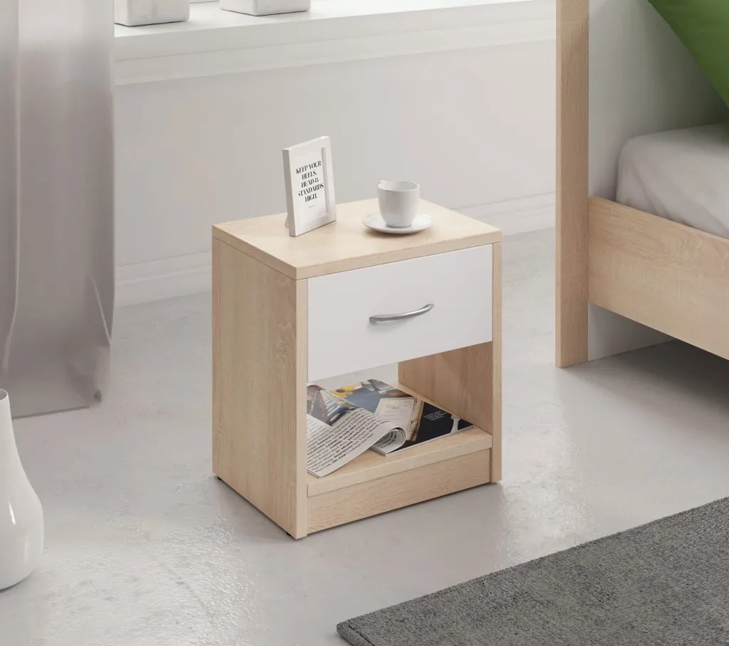 Éjjeliszekrény 1 fiókkal Sonoma tölgy / fehér matt színkombinációban 16 mm – NAKA