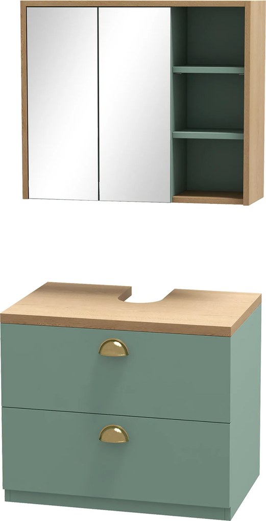 kleankin Fürdőszoba Bútor Készlet Tükörszekrény + Felfüggesztett Mosdó Alatti Szekrény Állítható Polcokkal 2 Fiók Skandináv Stílus Zöld | Aosom