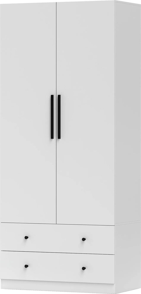 HOMCOM Többfunkciós Szekrény 2 Ajtós Mély Belső Tervezéssel, Ruharúddal és 2 Fiókkal a Hálószobához 79 x 43 x 180 cm Fehér | Aosom
