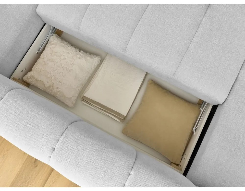 Világosszürke kinyitható-tárolóhelyes sarokkanapé (jobb oldali-U alakú) Fuji – Bobochic Paris