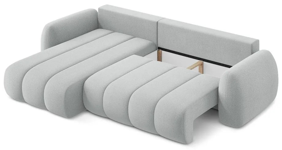 Világosszürke buklé kinyitható-tárolóhelyes sarokkanapé (bal oldali-heverő résszel) Pele – Makamii