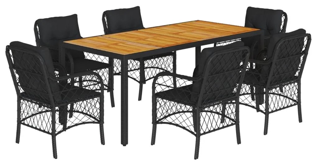 7 részes fekete polyrattan kerti étkezőgarnitúra párnával