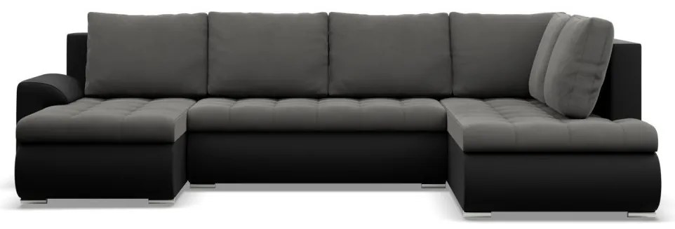 Tokio U sarokkanapé, 3 ágyneműtartóval, bársony + műbőr, jobboldali, szürke - fekete