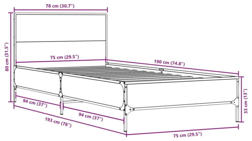 füstös tölgyszínű szerelt fa és fém ágykeret 75 x 190 cm