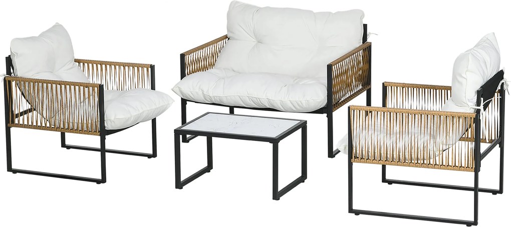 Outsunny 4 részes kültéri rattan kertibútor szett – 1 kétszemélyes kanapé, 2 karosszék párnákkal és 1 üveg tetejű dohányzóasztal | Aosom