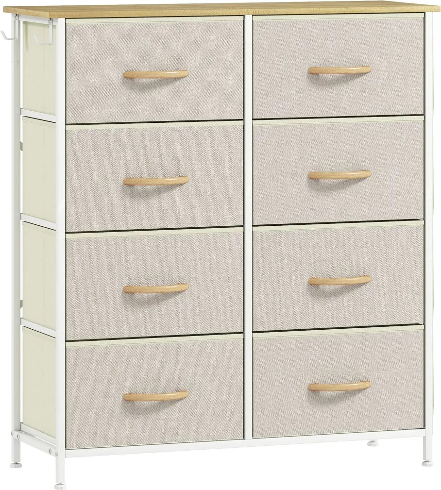 HOMCOM Hálószobai komód 8 szövettel bélelt fiókkal, acél merevítőkkel, fa felülettel, 86 x 30 x 94,5cm, bézs