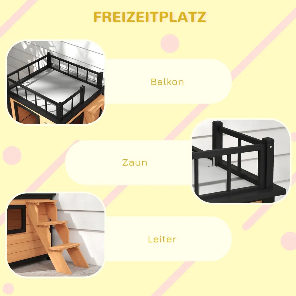 PawHut Kutyaház tetőterasszal, időjárásálló, fa, fekete-sárga