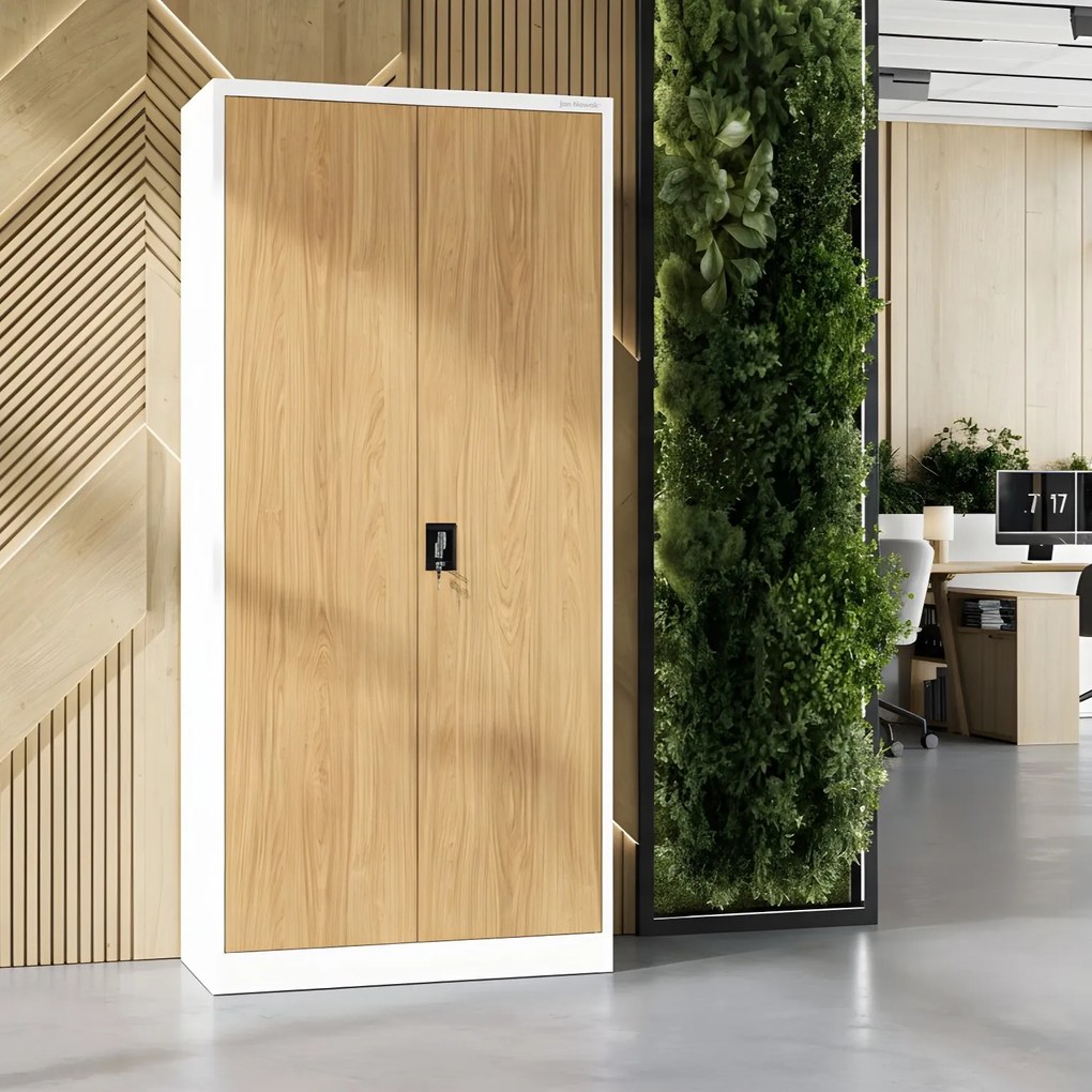 Magas fém irodai iratszekrény, fehér/arany tölgy, 900x1950x400 mm: JAN H Eco Design