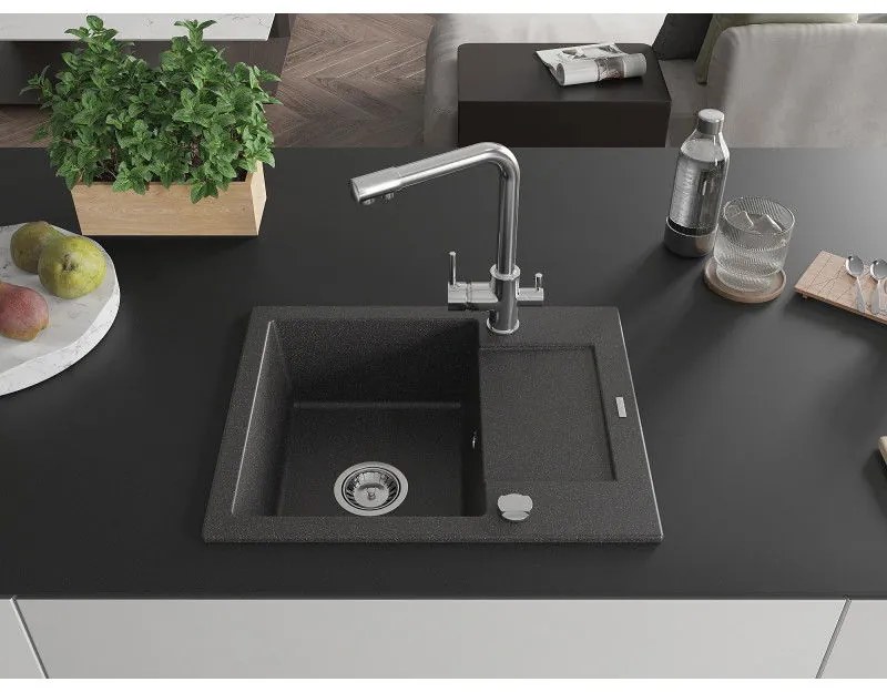 Mexen Enzo, gránit mosogató 576x465x174 mm, 1 kamrás, Duero króm csaptelep, fekete foltos, 6506-76-671600-00