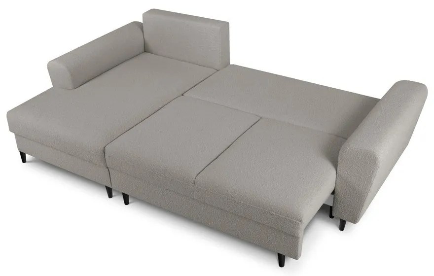 Világosszürke buklé kinyitható tárolóhelyes sarokkanapé (bal oldali-heverő résszel) Kyoto – Cosmopolitan Design