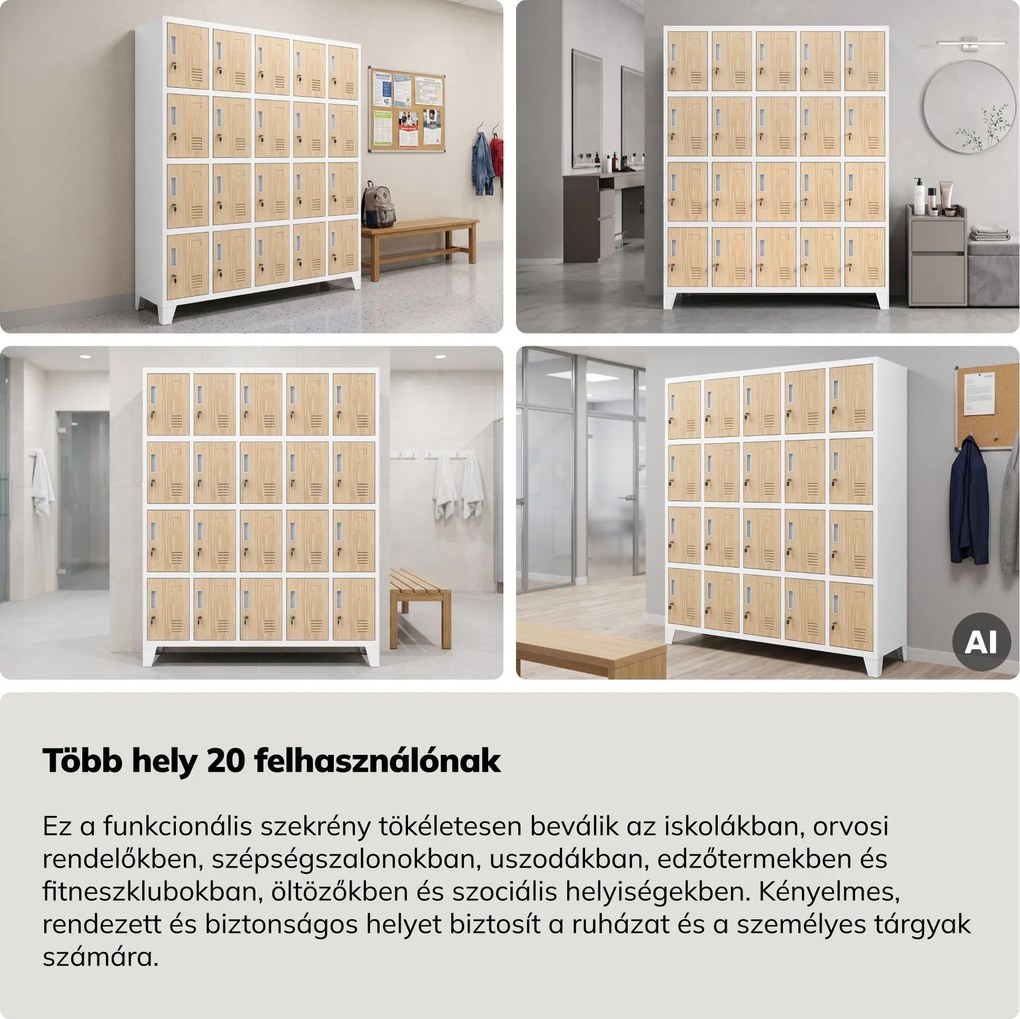 20 rekeszes, lábakon álló szociális szekrény, fehér/sonoma tölgy, 1360x1720x450 mm: ROBERT Eco Design